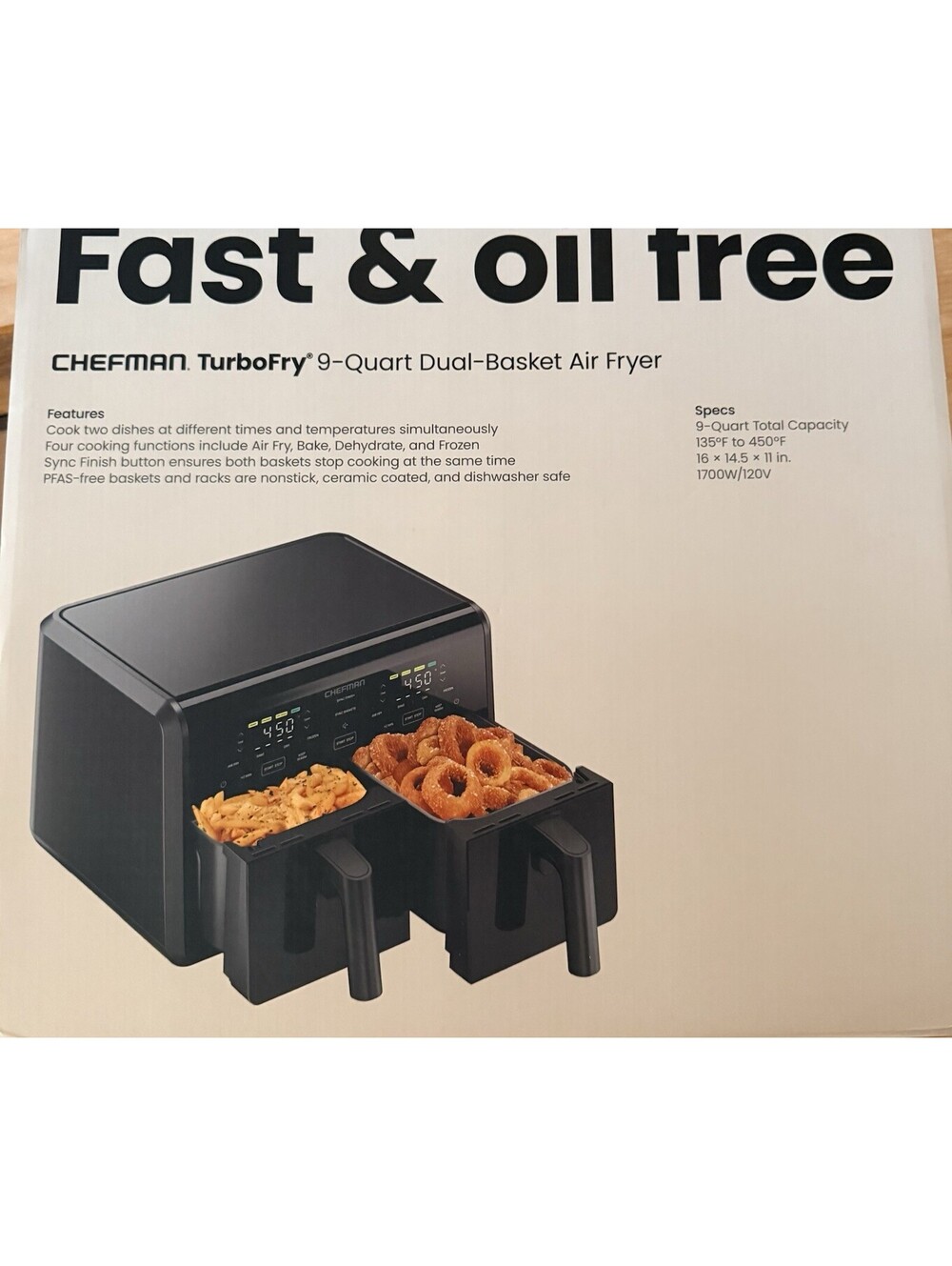 Chefman TurboFry 9QT Dual Basket Air Fryer 1700W Digital Nonstick New